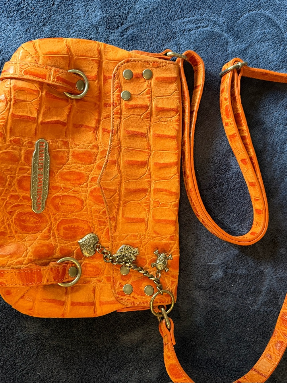Harley-Davidson Bright Orange Croc-Embossed Crossbody with Gold Accents
